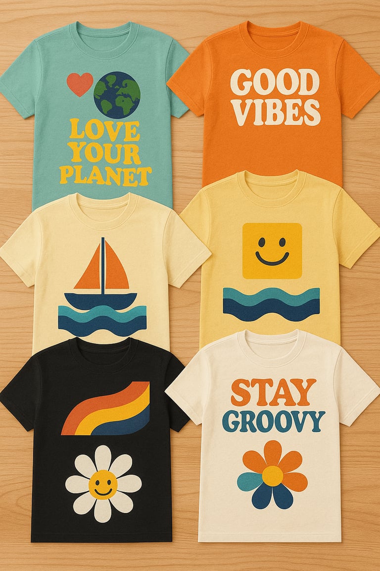 Collection of colorful retro graphic t-shirts for kids featuring vintage sun, flower, and wave designs.