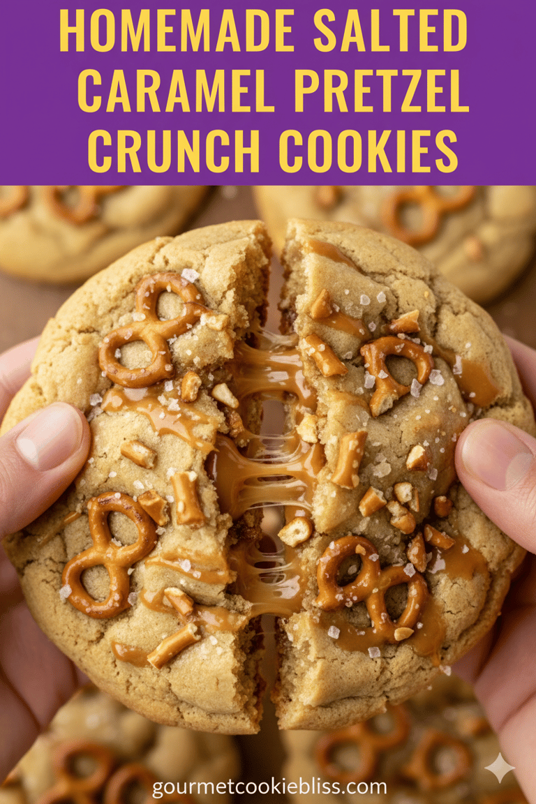 Hands breaking open a warm, gooey blonde Salted Caramel Pretzel Crunch cookie, revealing its rich ca