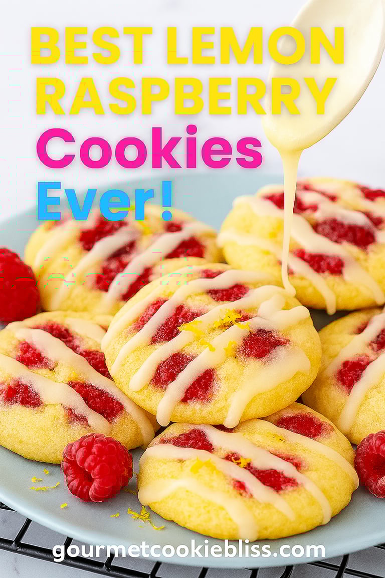 Overhead close-up of golden lemon raspberry cookies cooling.