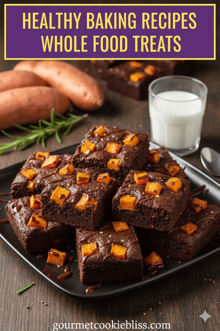 A platter of moist, dark brownies with prominent sweet potato pieces and a glass of milk.