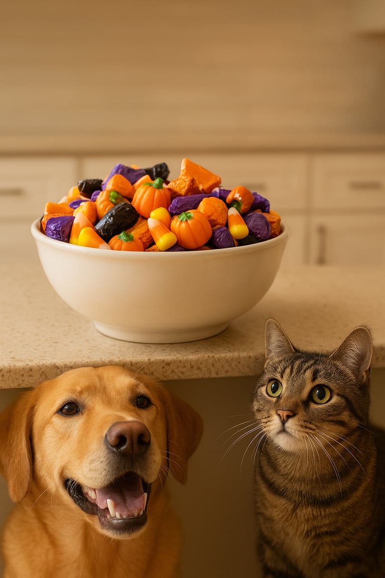 Dog and cat watching candy bowl kept out of reach in Burlington home.