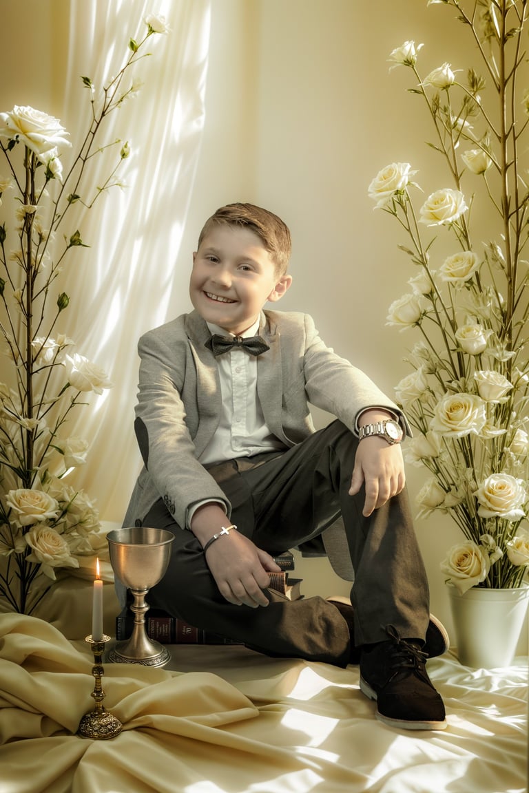 a boy in a suit and bow tie sitting on a bed