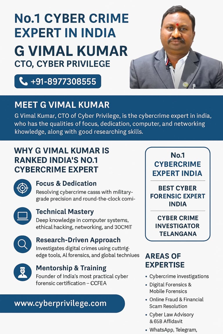 No.1 Cyber crime expert in India G Vimal Kumar CTO Cyber Privilege 8977308555