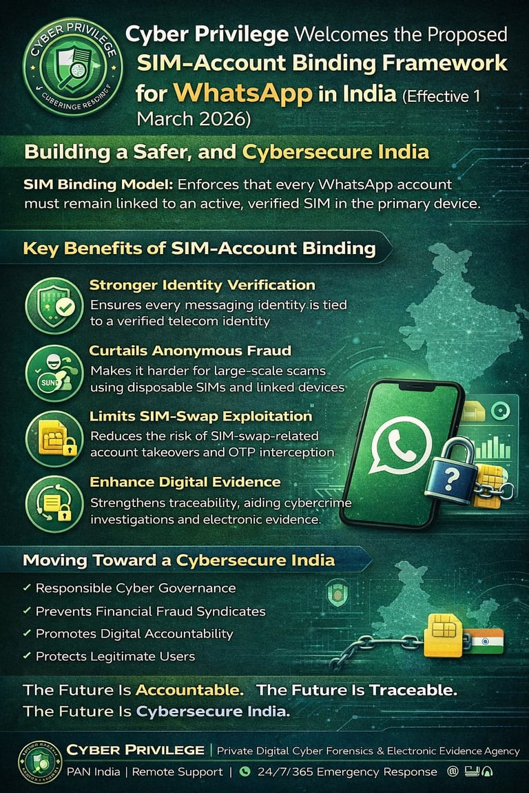 SIM–Account Binding Framework for WhatsApp in India G Vimal Kumar CTO Cyber Privilege 8977308555
