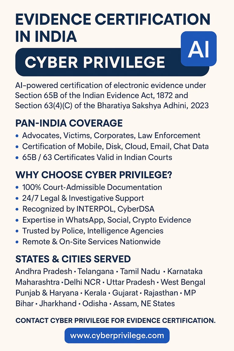 Top No.1 electronic evidence certificate in india best cyber privilege 8977308555