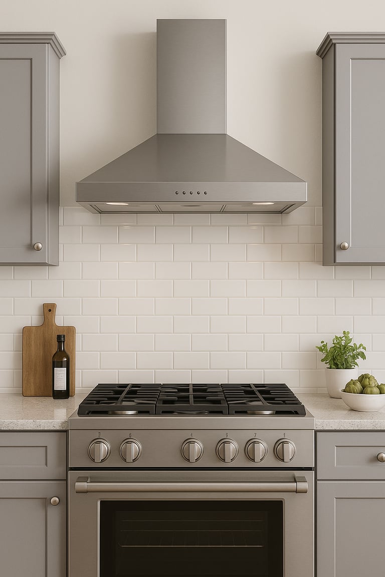 Blomberg range hood installed above a gas stove in a modern kitchen with gray cabinets and white sub