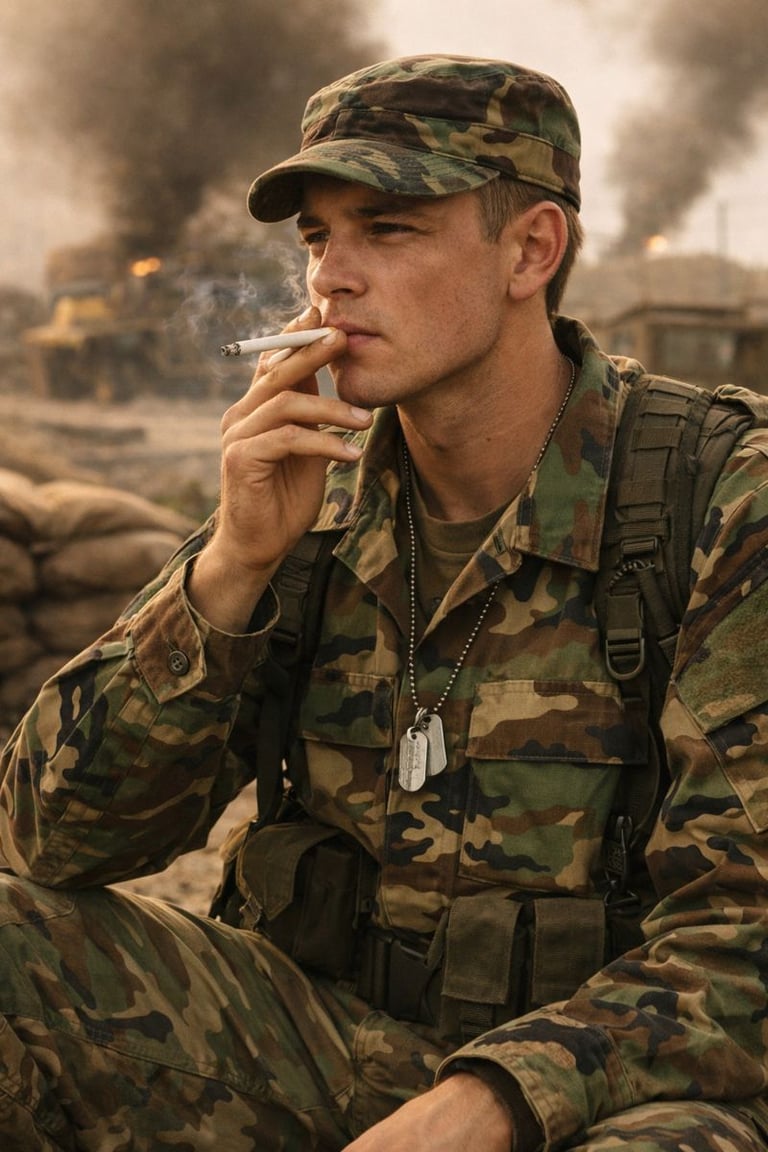 a man in a military uniform smoking a cigarette