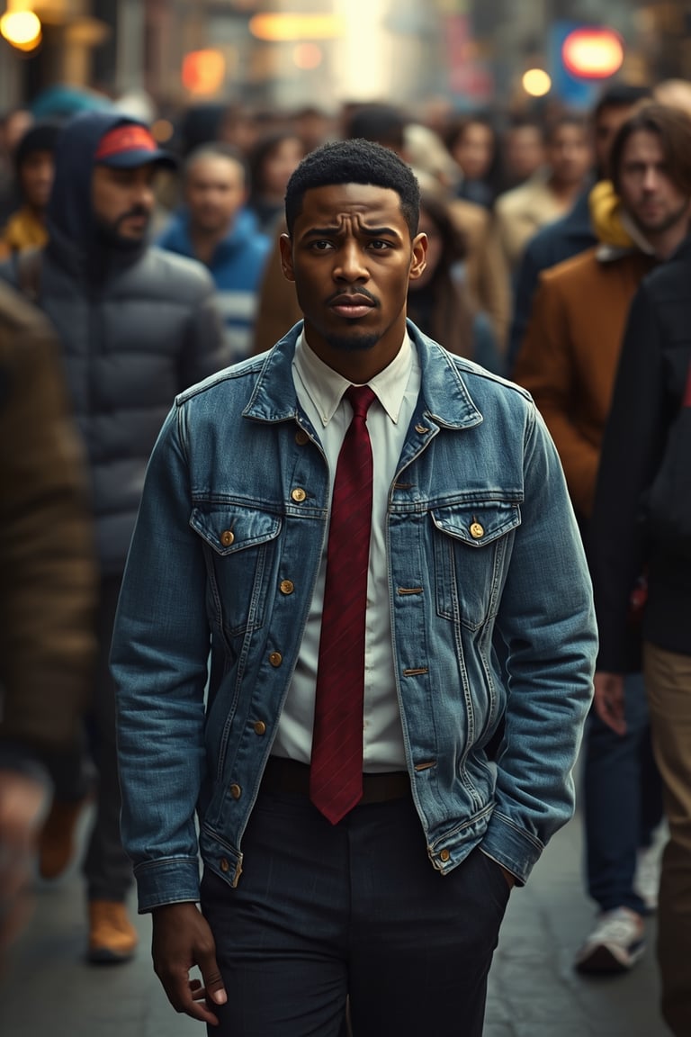 a man in a suit and tie standing in a crowded street