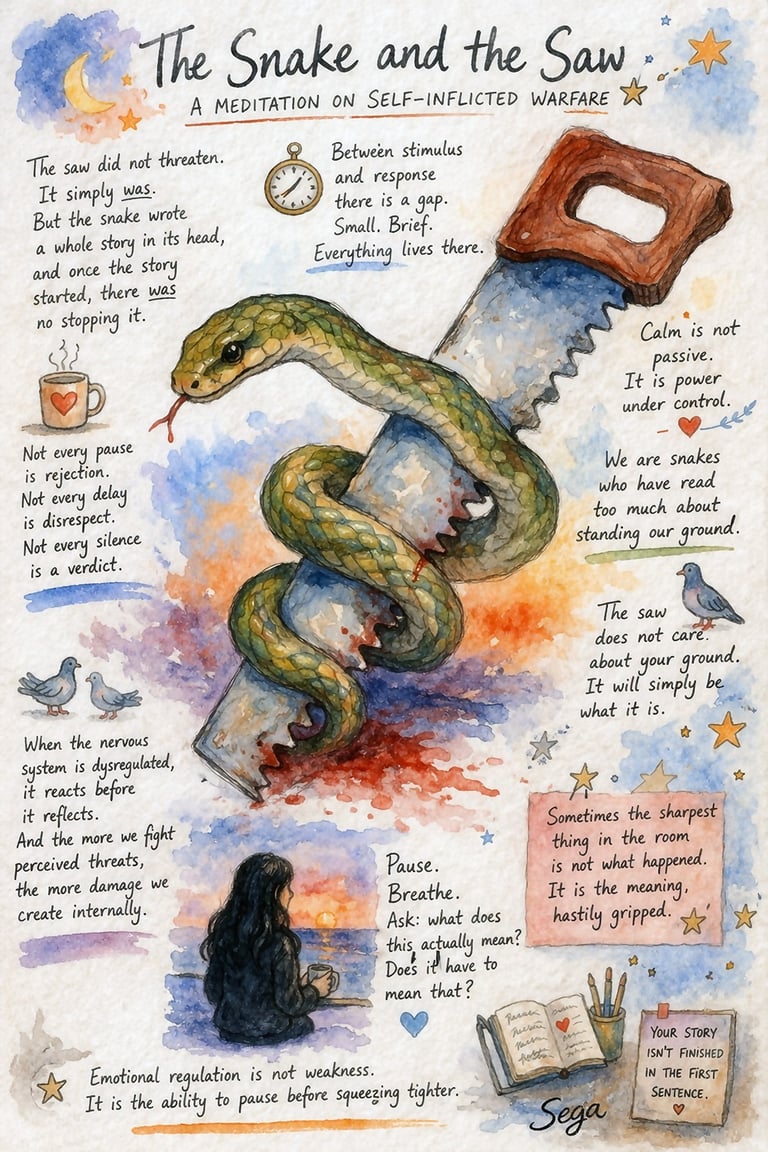 A detailed illustration titled "The Snake and the Saw: A Meditation on Self-Inflicted Warfare," featuring a snake wrapped