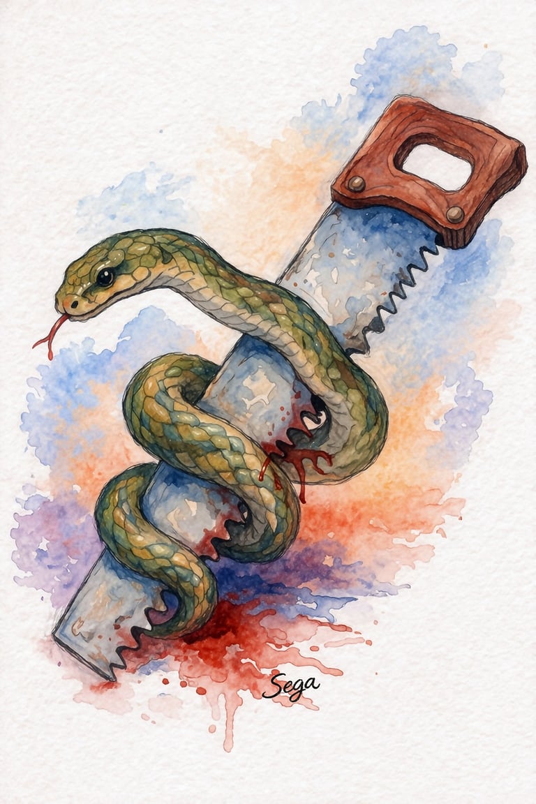 Watercolor painting of a green snake with red scales wrapped around a bloody, old handsaw, set against a colorful splash