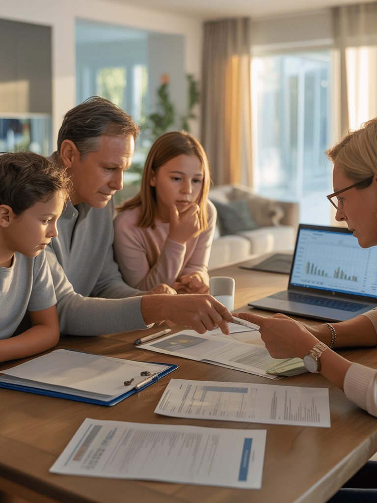 A family reviews financial planning documents with a professional advisor at a dining table.