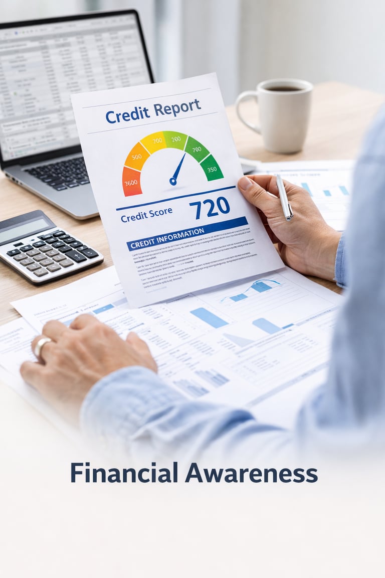 A person reviewing a 720 credit score report at a desk with a laptop and calculator.