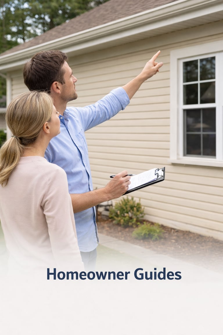 Professional home inspector with clipboard showing roofing details to a homeowner for maintenance guides.