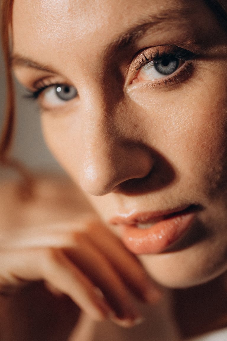 a woman with a red hair and blue eyes