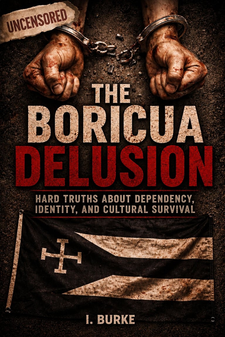THE BORICUA DELUSION BOOK COVER FEATURING AN UPGRADED PUERTO RICAN NATIONALIST FLAG