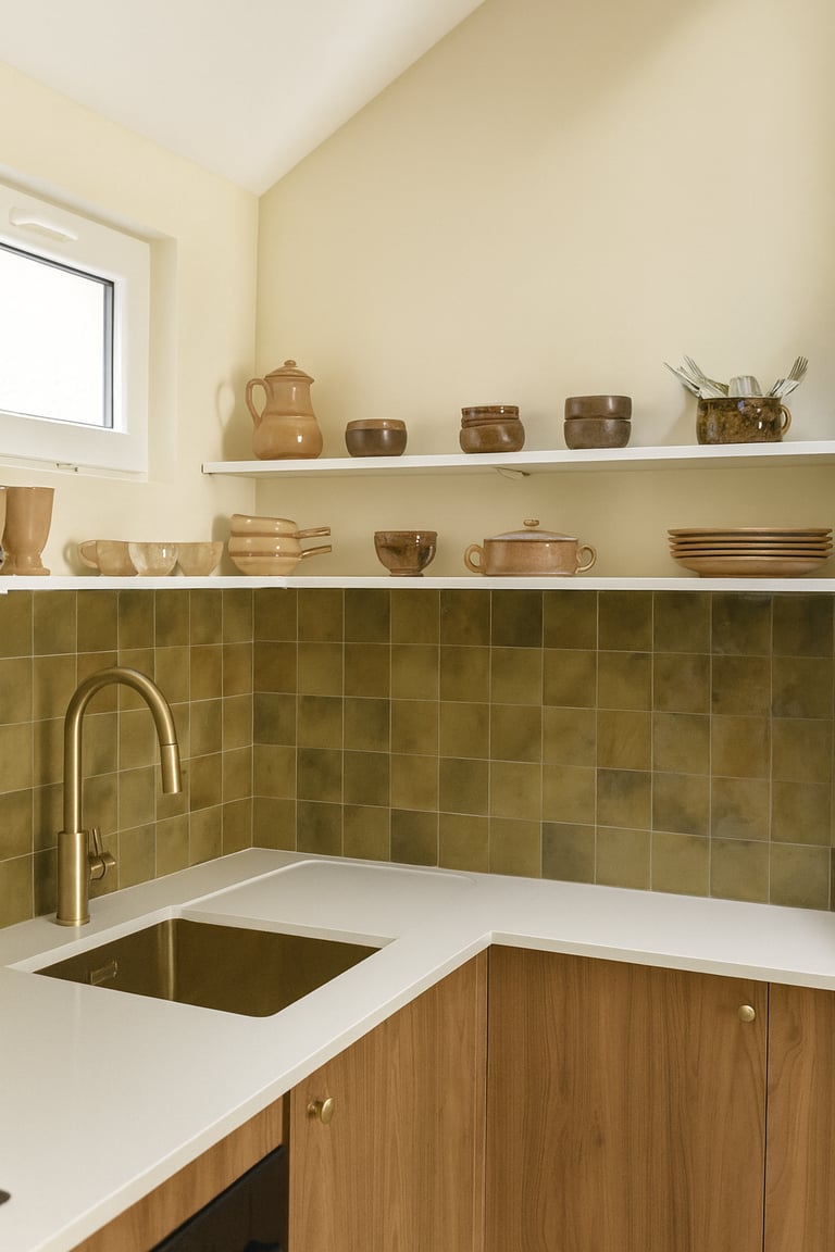 Cuisine sur mesure en noyer à Pau, marbre et zellige vert