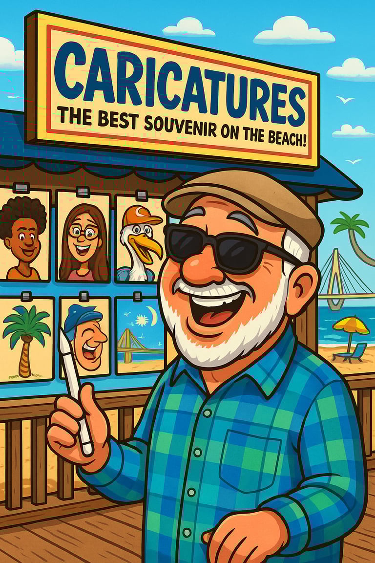 Cartoon of a funny, old man with a digital pencil in front of a Caricature Art booth at the beach.