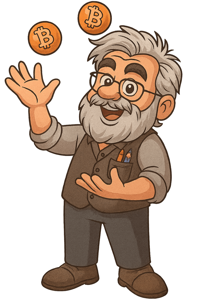 Old man with grey beard juggling Bitcoin balls.