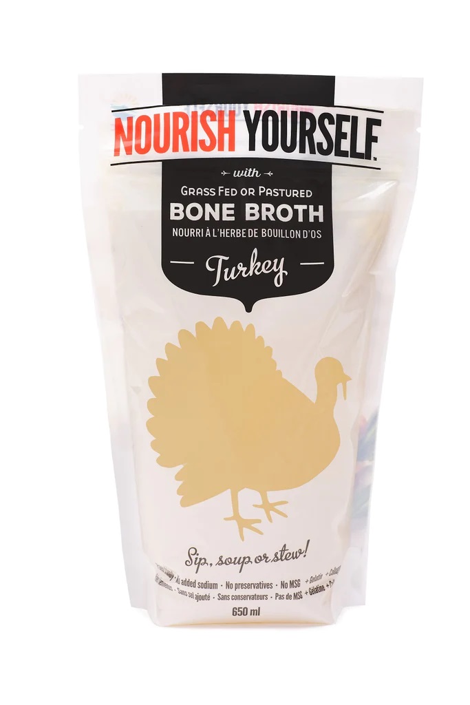 Nourish Yourself grass-fed turkey bone broth in a 650ml stand-up pouch for sipping, soups, or stews.