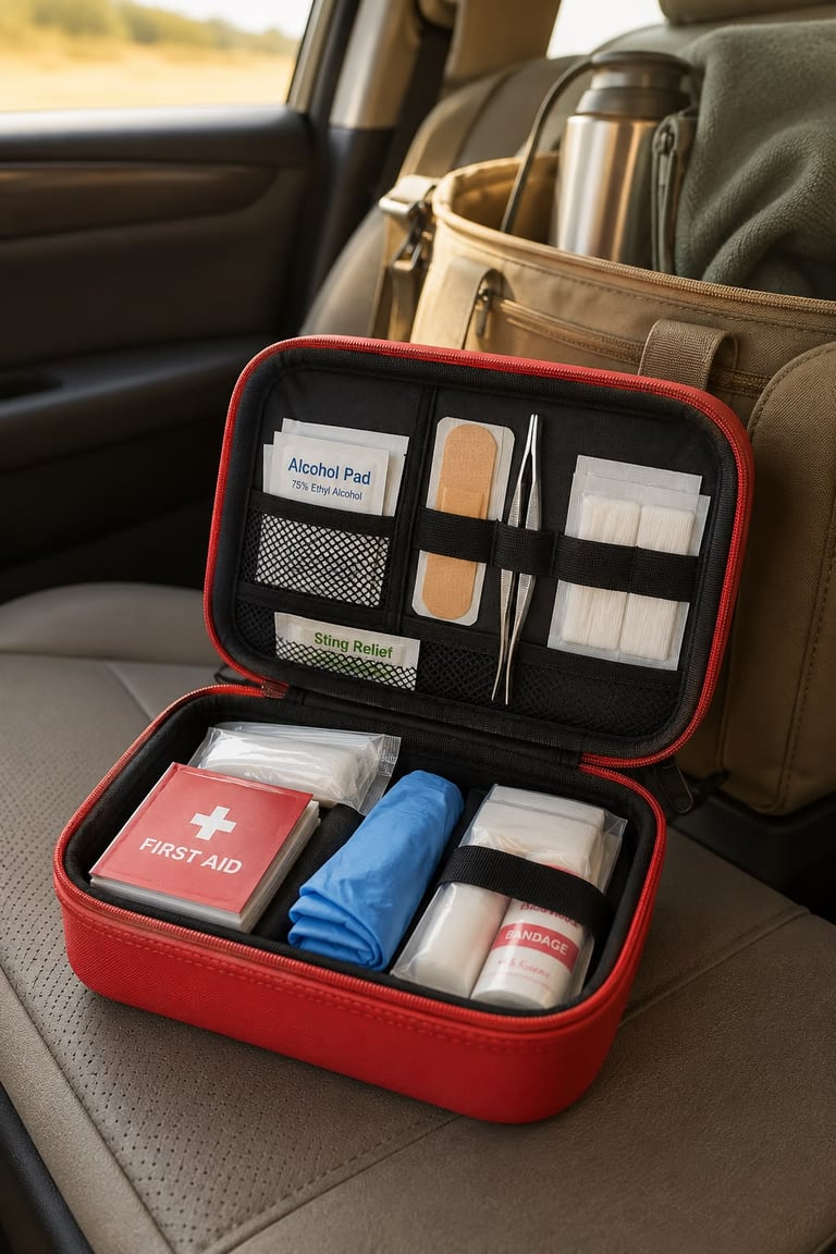 Red emergency first aid kit with medical supplies on a car seat for travel safety and preparedness.