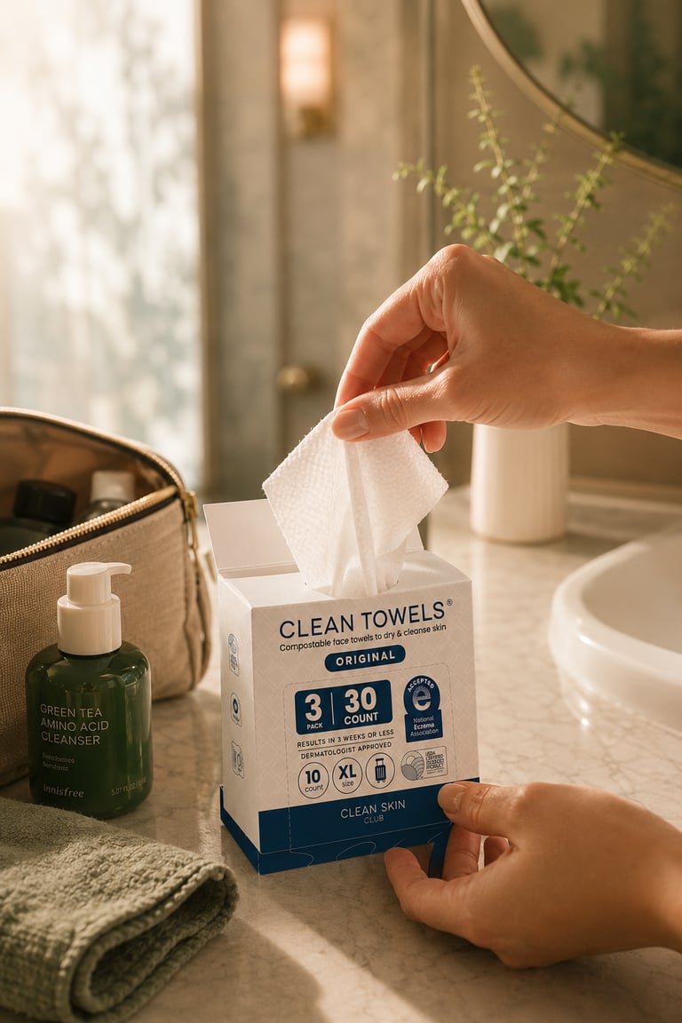 Hand pulling a biodegradable face towel from a box of Clean Skin Club Clean Towels on a bathroom counter.