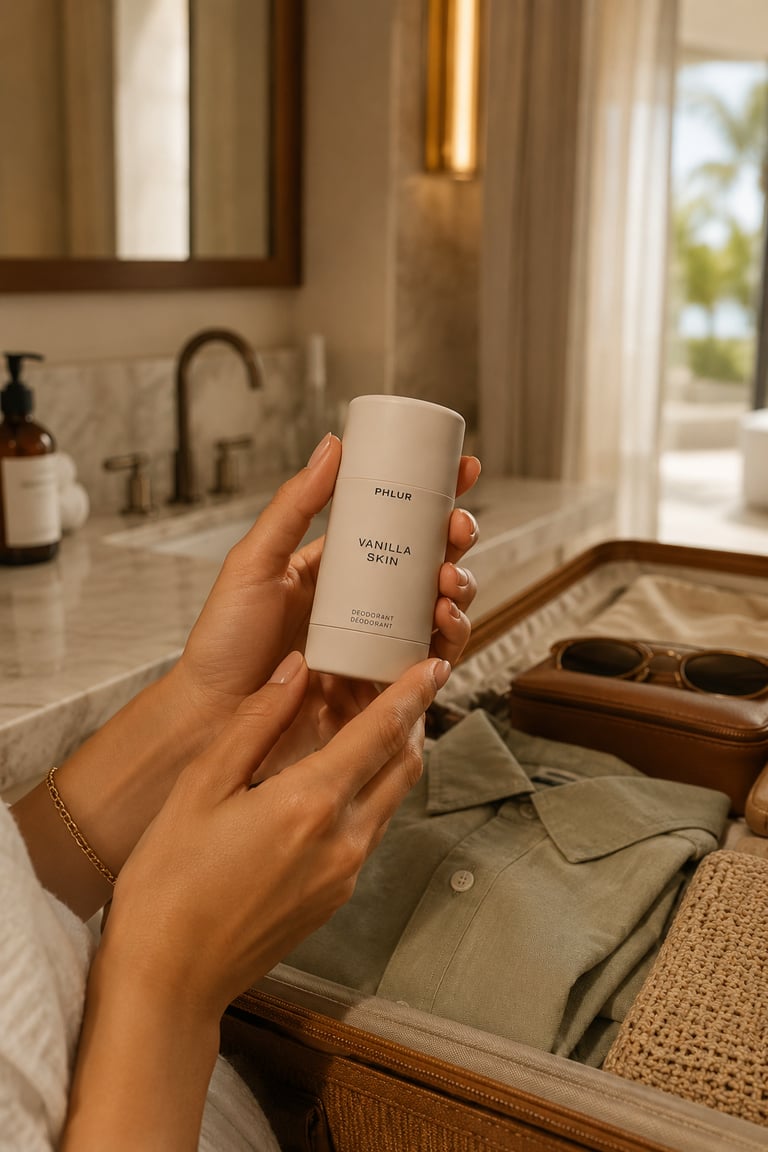 A hand holding Phlur Vanilla Skin deodorant over a packed travel suitcase in a luxury bathroom.