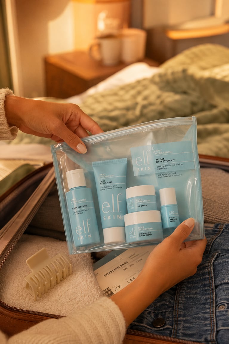A person packing an e.l.f. Skin Holy Hydration travel kit with facial cleanser and moisturizer into a suitcase.