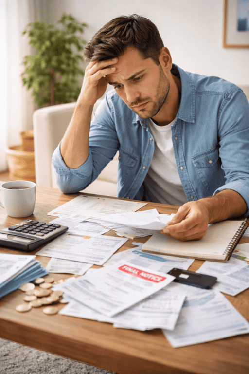 Homem preocupado com contas e desorganização financeira em casa.