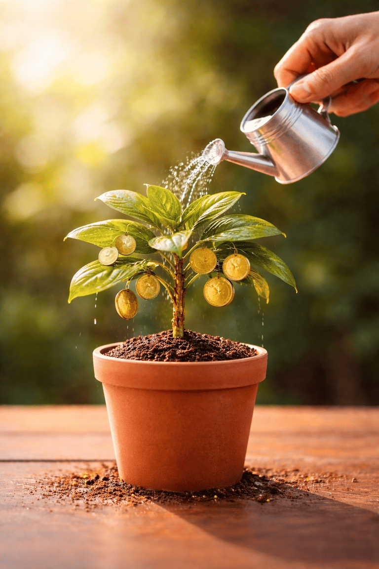 Uma pessoa regando uma planta de dinheiro simbolizando os investimentos