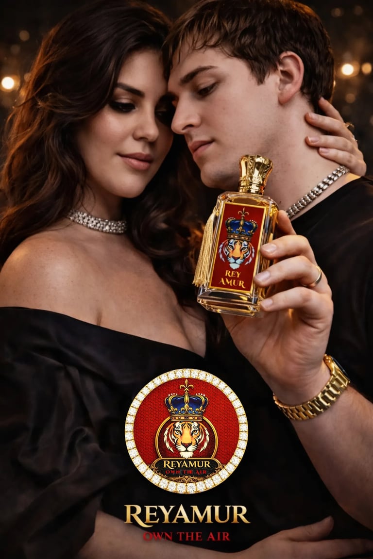 Luxury perfume couple holding REYAMUR fragrance in elegant romantic setting Canada