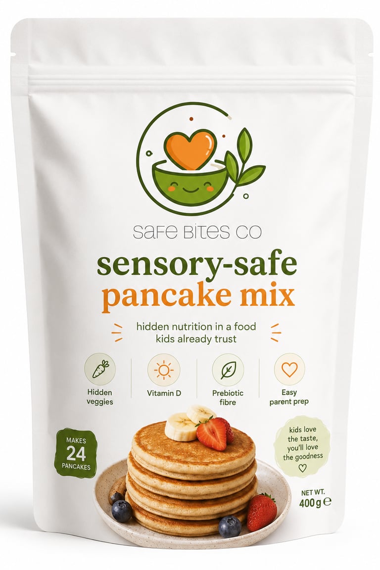 a package of sensory-friendly nutrient-rich pancake mix