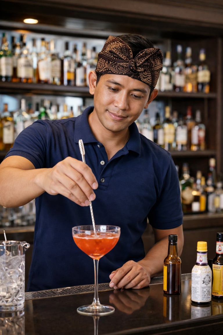 A professional bartender stirring a craft cocktail in a coupe glass at an upscale bar.