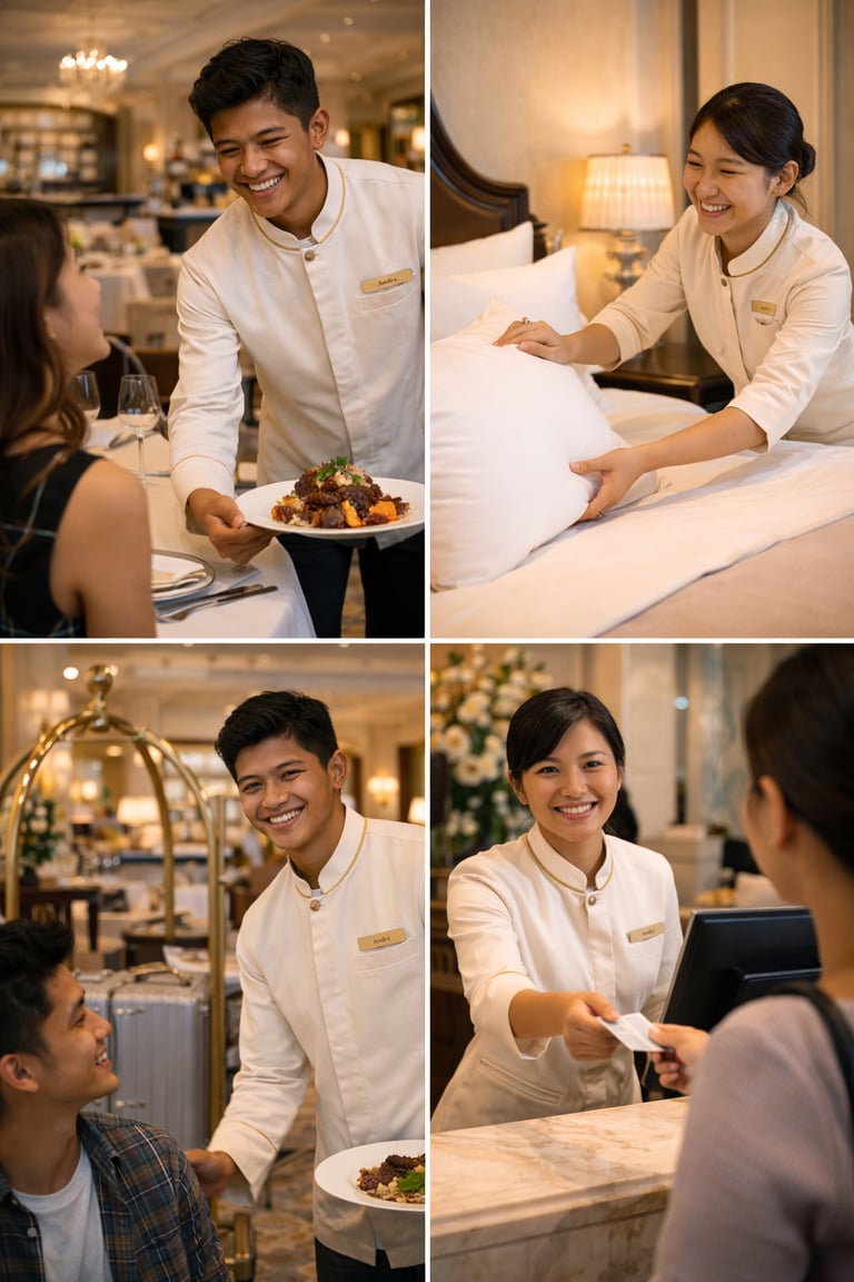 Professional hotel staff providing luxury hospitality services in a restaurant, guest room, and reception desk.