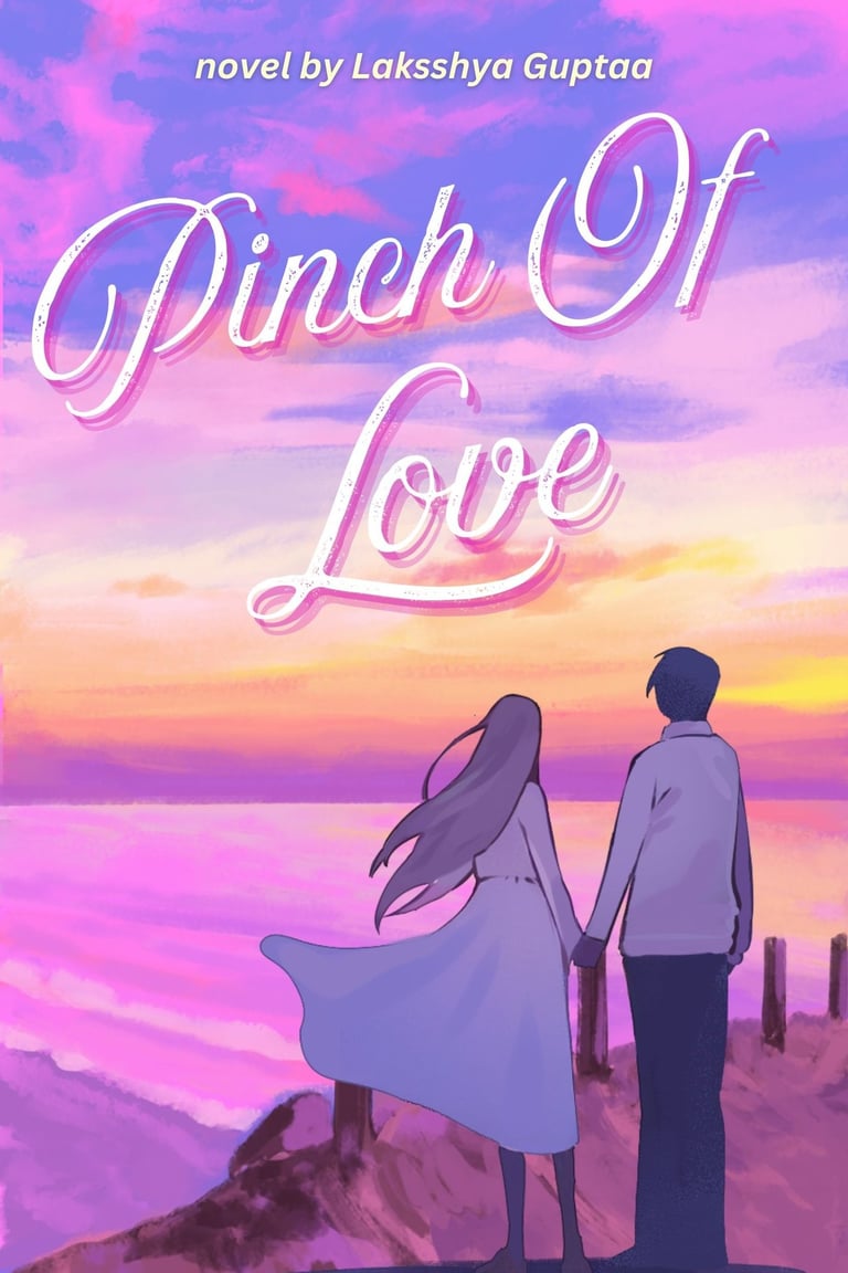A couple holds hands on a beach at sunset on the book cover of Pinch Of Love by Laksshya Guptaa.