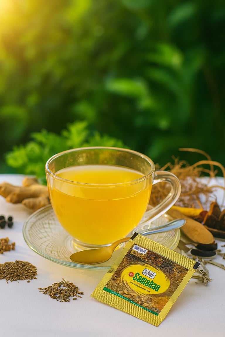 Samahan herbal tea in a glass cup surrounded by ayurvedic ingredients like ginger and cumin seeds.