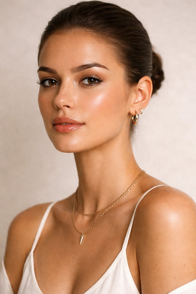 Young woman with glowing skin, natural makeup, and gold jewelry in a portrait.