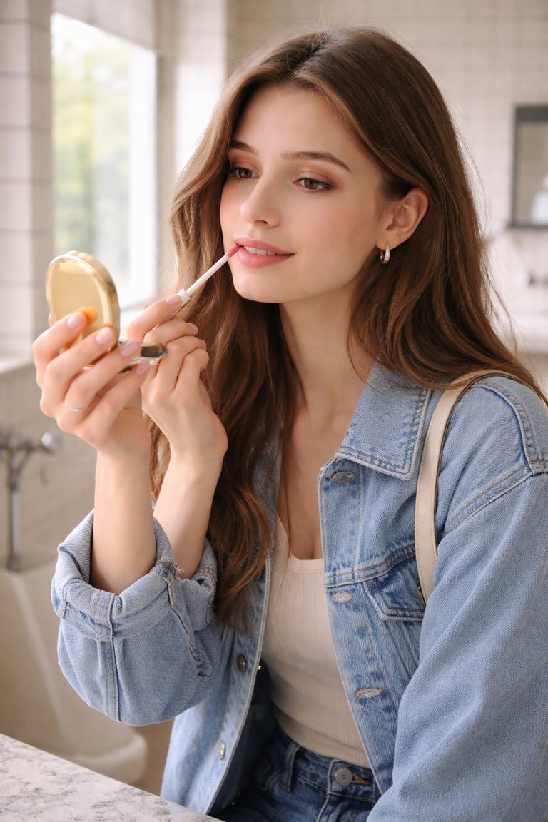 A young woman applying pink lip gloss while looking into a gold compact mirror.
