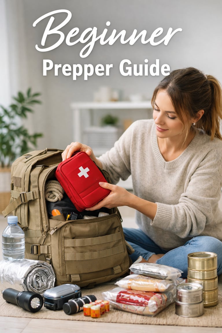 A woman packs a first aid kit and survival gear into a tactical bug out bag for a beginner prepper guide.
