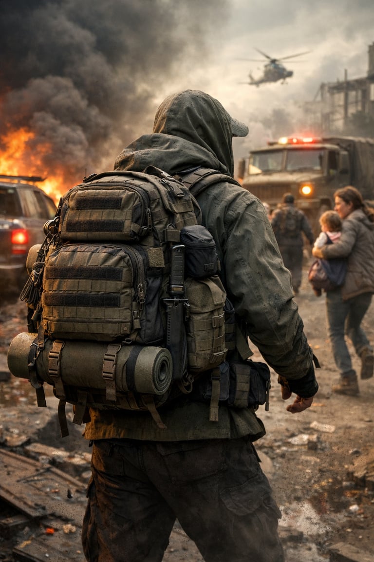 Survivor with tactical backpack and survival gear in a post-apocalyptic city with fire and smoke.