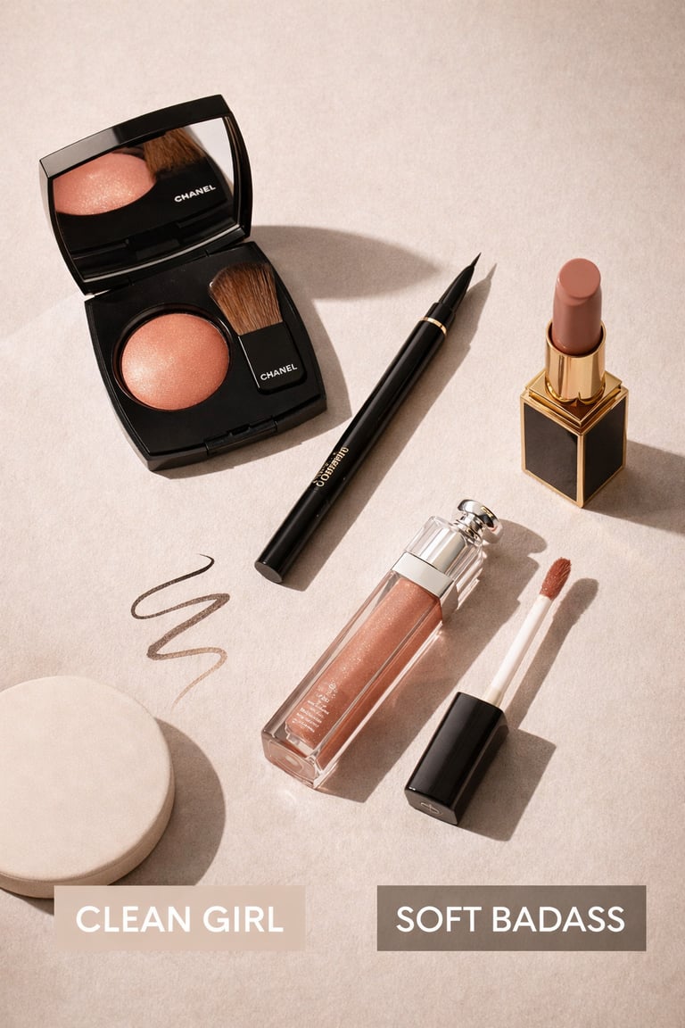 Luxury makeup flat lay featuring Chanel blush, liquid eyeliner, lip gloss, and designer lipstick.
