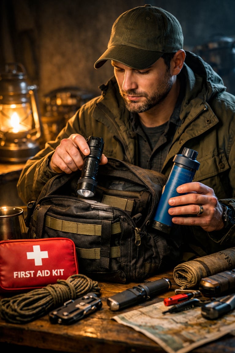 A man packing an emergency survival kit with a tactical flashlight, water filter, and first aid supplies.