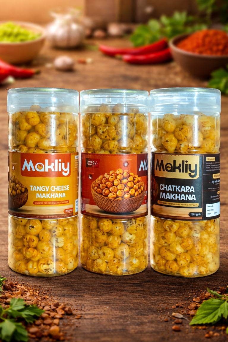 Makliy brand Tangy Cheese and Chatkara flavored roasted makhana fox nuts in transparent plastic jars.