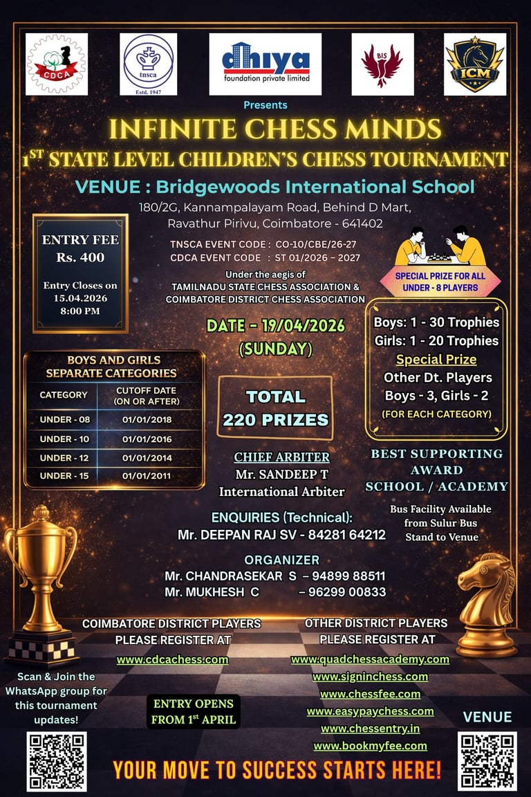 Infinite Chess Minds 1st State Level Children's Chess Tournament in Coimbatore.