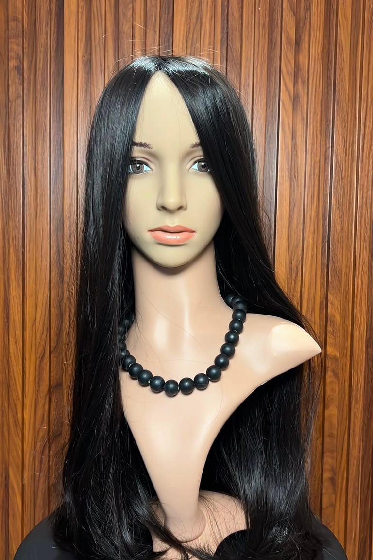 Long straight black hair wig displayed on a mannequin head with a wooden background.