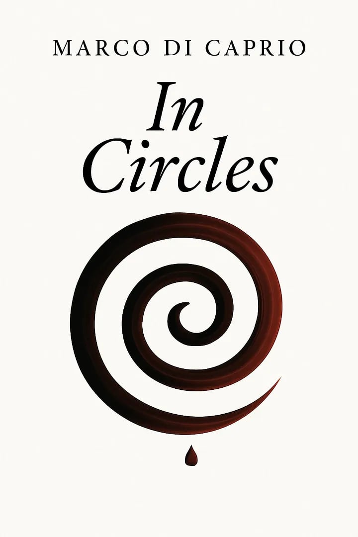 Book cover for In Circles by Marco Di Caprio featuring a dark red paint spiral design.