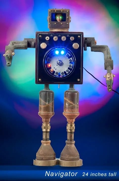 Found object robot sculpture named Navigator by Santa Barbara artist Tal Avitzur.