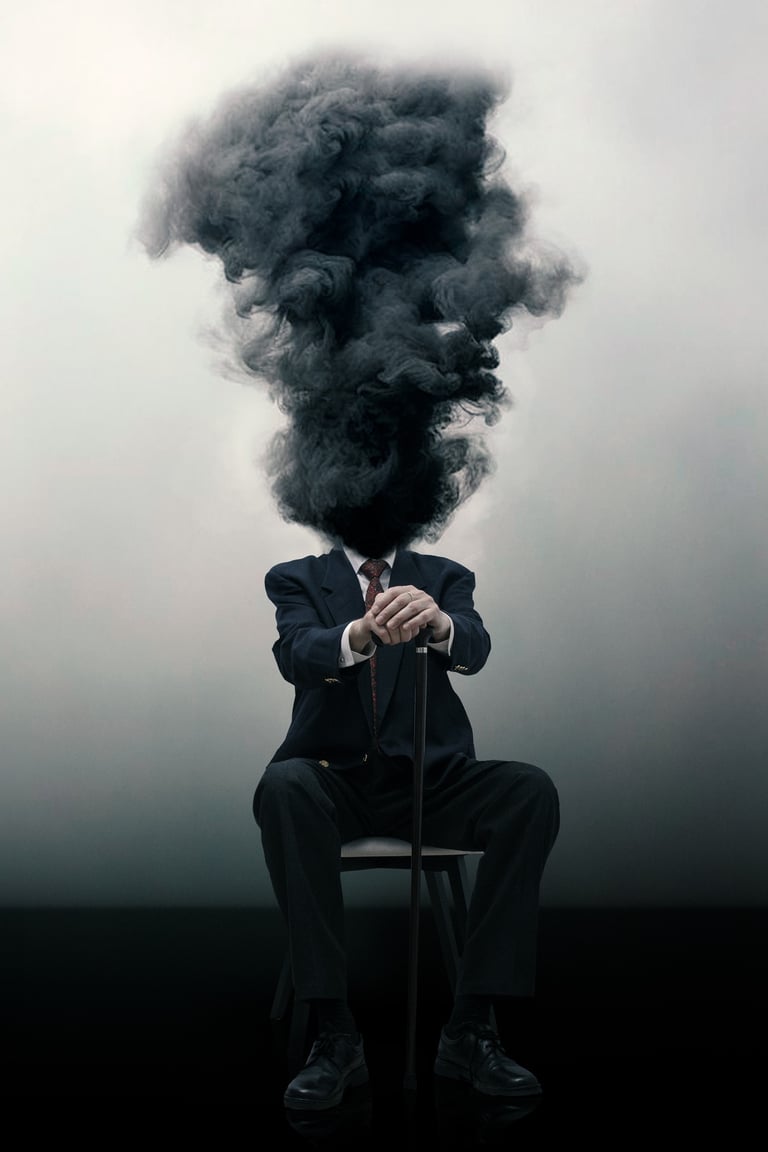 a man in a suit and tie with a smoke billowing