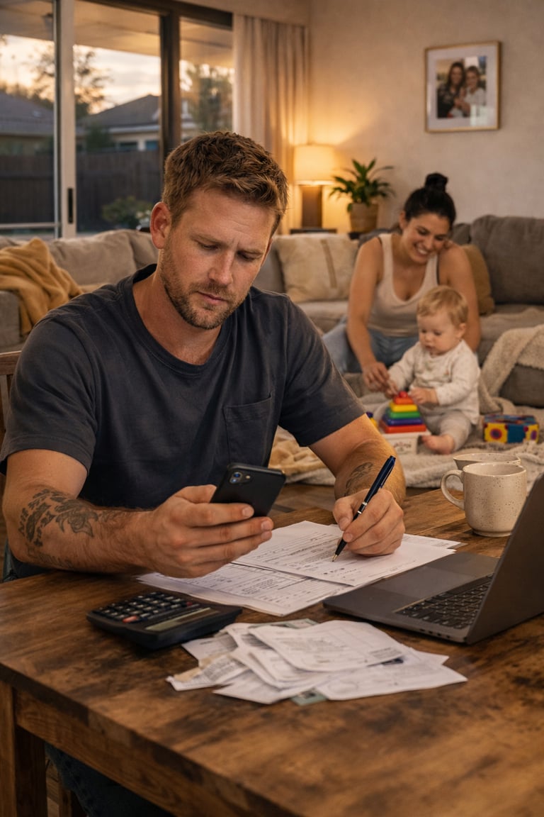 A tradie working on his phone while his family is playing without him.