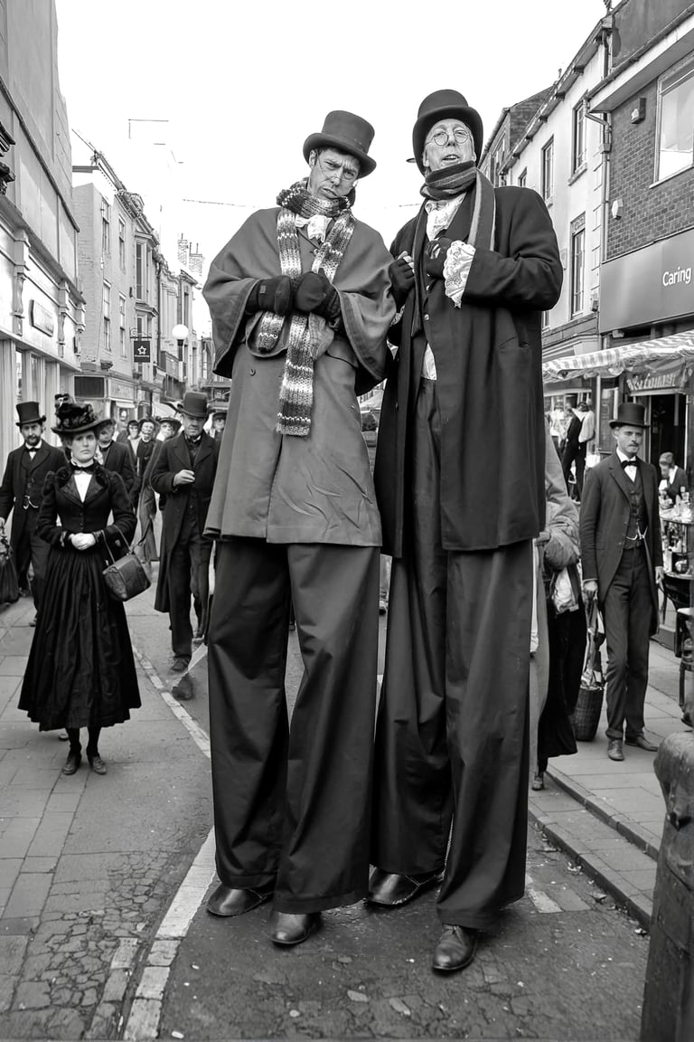 Performers in Victorian / Edwardian costumes on stilts at a Dickens festival street event.