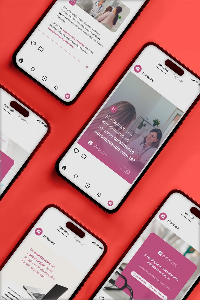 A imagem mostra vários celulares com posts das redes sociais Ninacare
